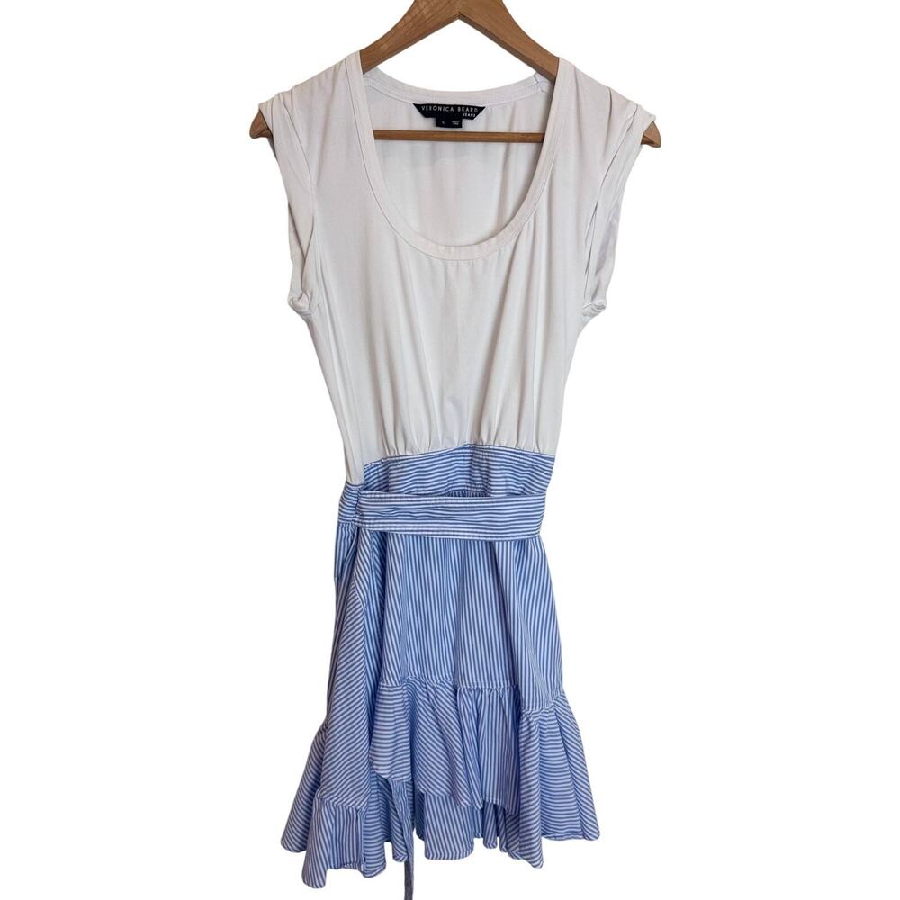 Veronica Beard Jeans Blue Stripe Ruffle Hem Dress White Top Belted Size S Flare